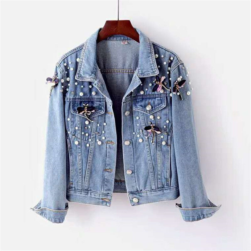 Fiona – Damen Jeansjacke mit Perlen und Broschen