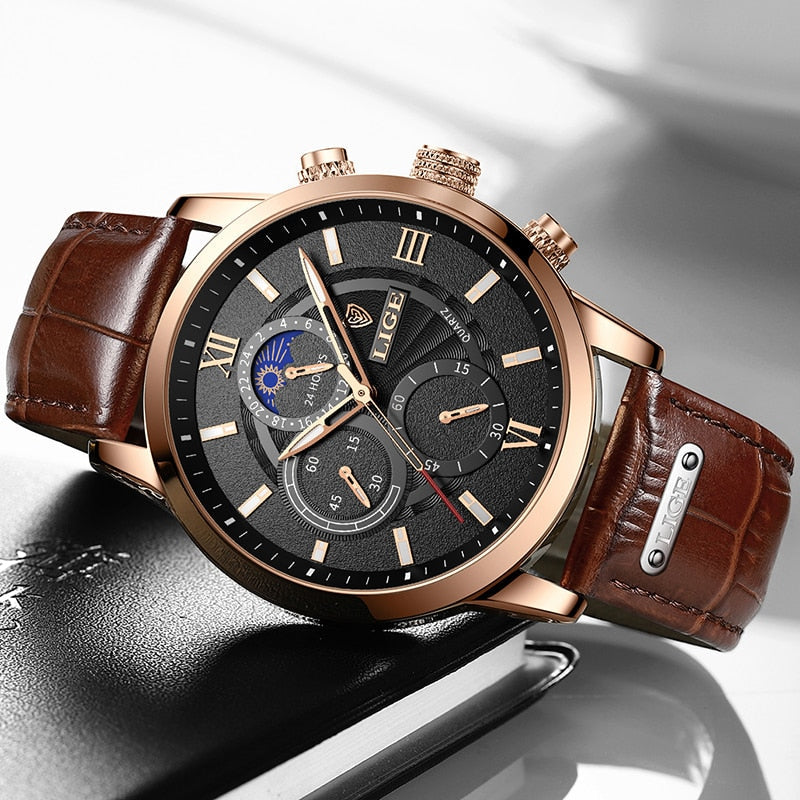 Lukas – Herren Armbanduhr aus Leder mit Goldgehäuse