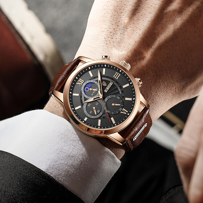 Lukas – Herren Armbanduhr aus Leder mit Goldgehäuse