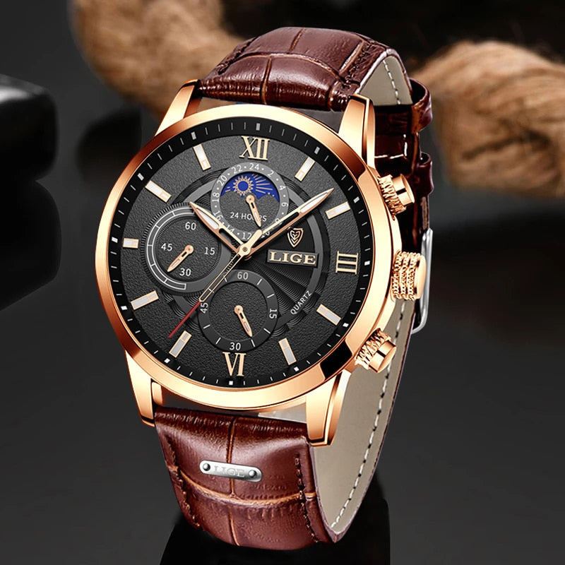 Lukas – Herren Armbanduhr aus Leder mit Goldgehäuse