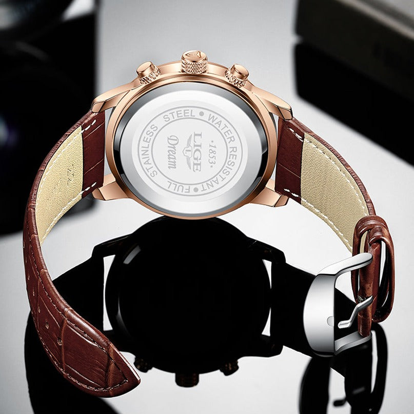 Lukas – Herren Armbanduhr aus Leder mit Goldgehäuse