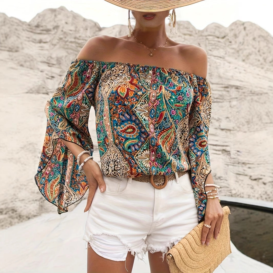 Isabella - Damen Boho Bluse Schulterfrei Paisley