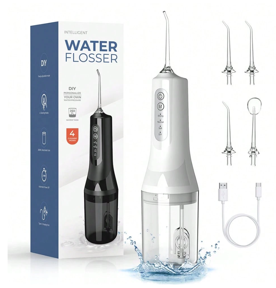 AQUAJET – Elektrische Munddusche Water Flosser mit 4 Aufsätzen & USB-Ladung